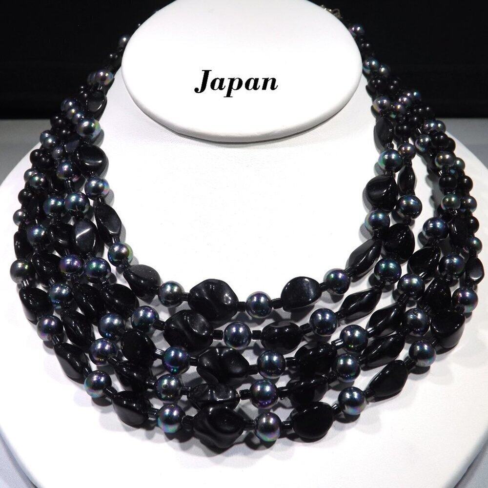 Vintage Japan Black Iridescent Beaded Necklace 5 Strand Mid Century